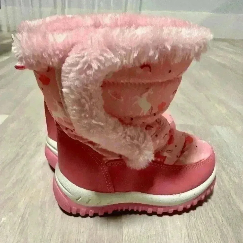 Merence Winter Snow Boots Girls Size 23 US 7 Pink Unicorn Furry Trim Cozy Warm P